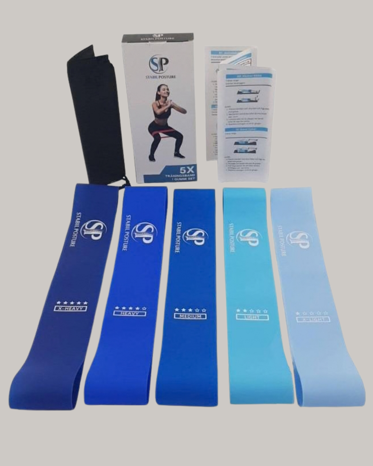 Fem blå träningsband i varierande styrka, med instruktionshäfte och förvaringspåse - Stabil Posture