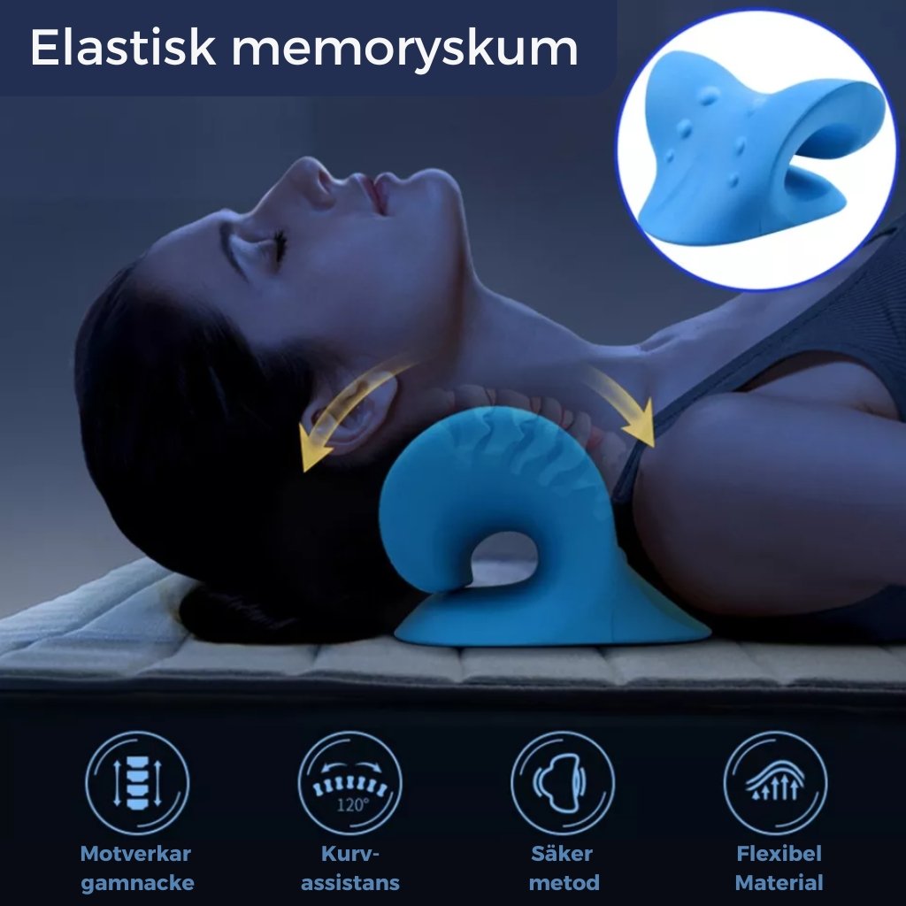 Kvinna ligger på nacksträckaren för att lindra stelhet i nacke - Elastisk memoryskum material - Stabil Posture