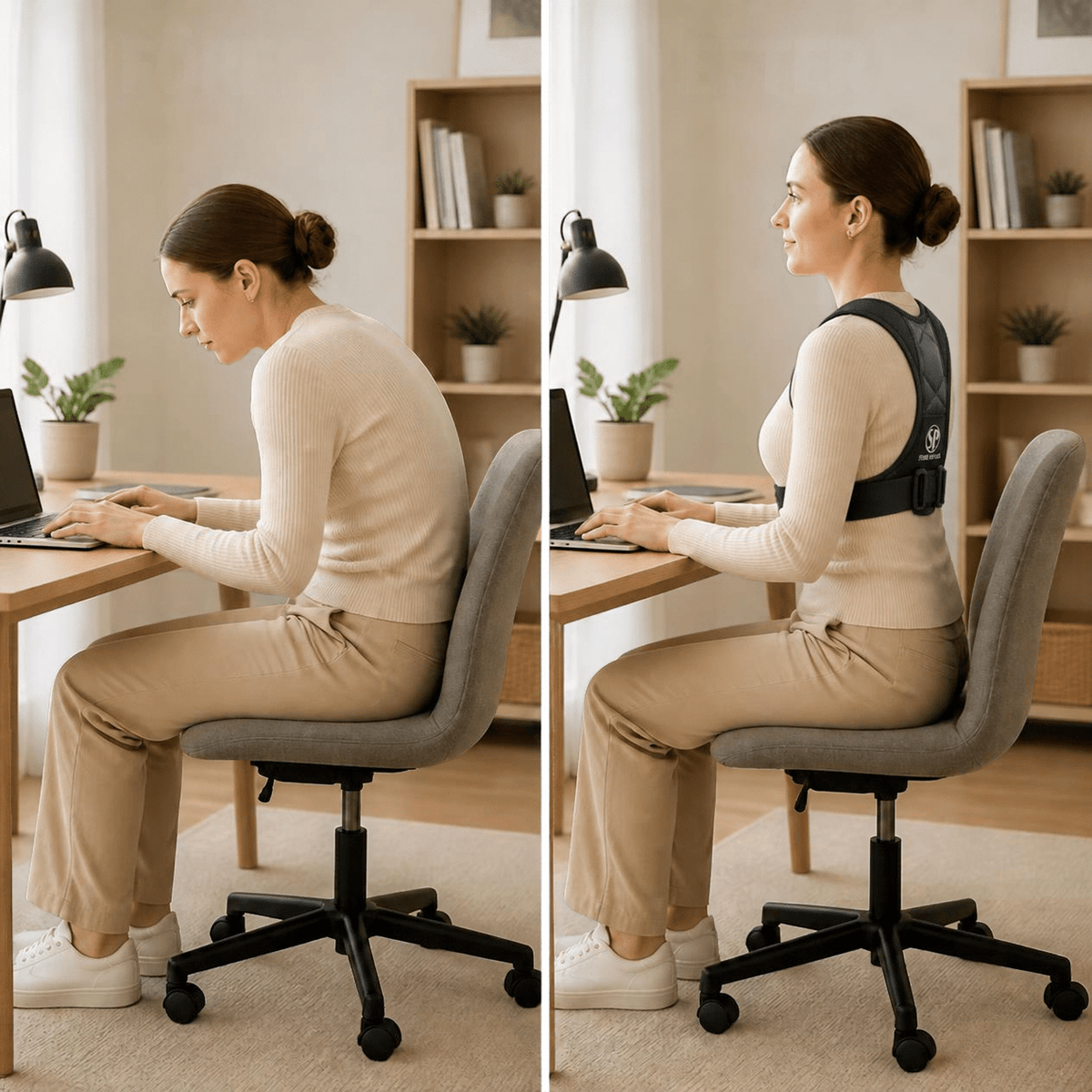 Före och efter bild på användning av hållningsstöd stabil - Stabil Posture