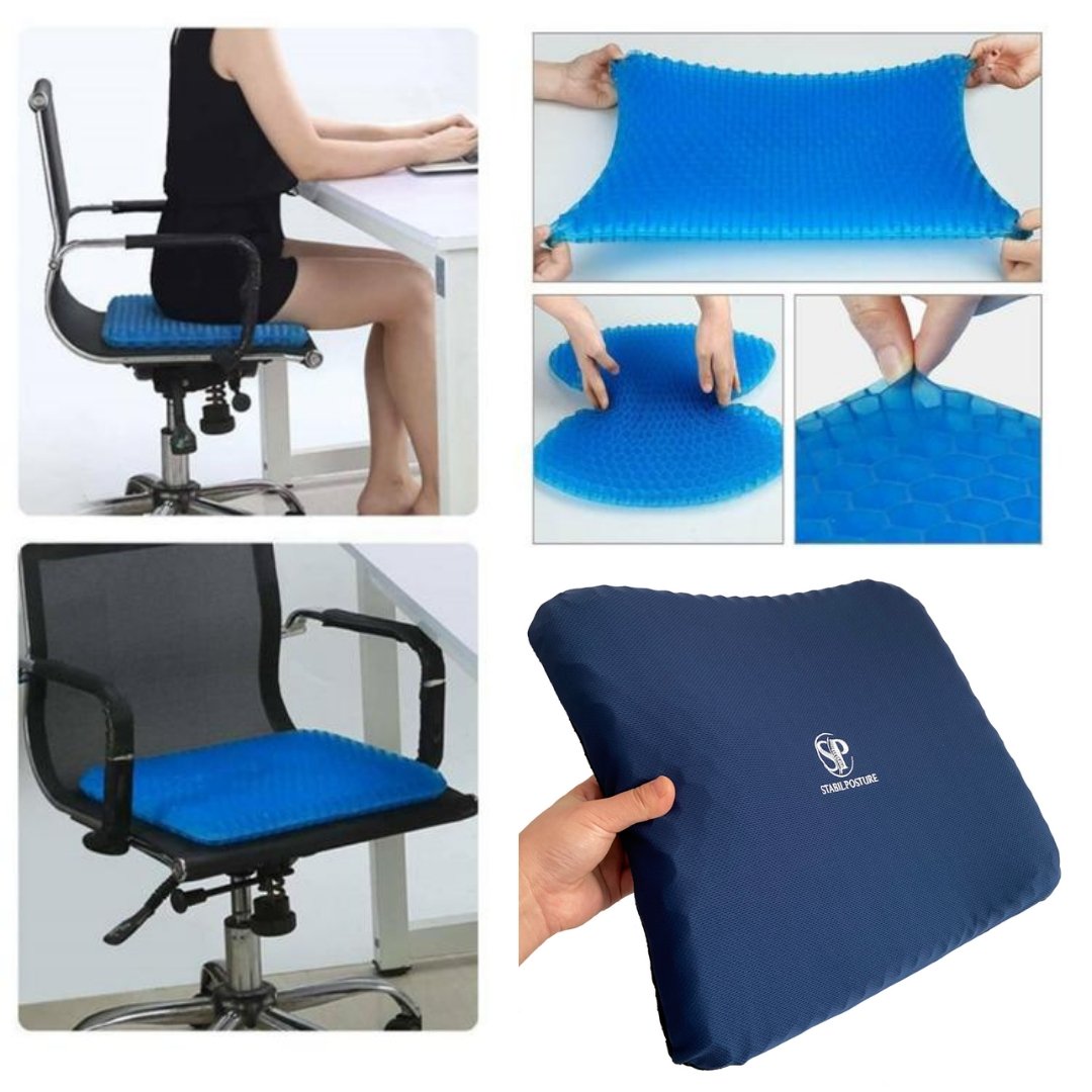 Ergonomisk sittkudde på kontorsstol – mörkblå överdrag och blå gelkärna - Stabil Posture